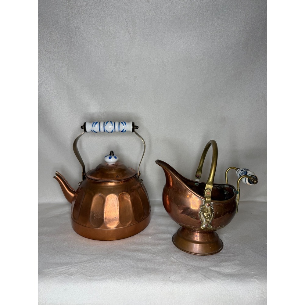 VTG Korean Copper Tea Kettle & Scuttle Set Blue White Porcelain Handles Brass